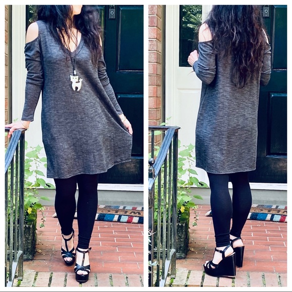 CHARCOAL TWEED V NECK COLD SHOULDER TUNIC DRESS - Picture 3 of 9